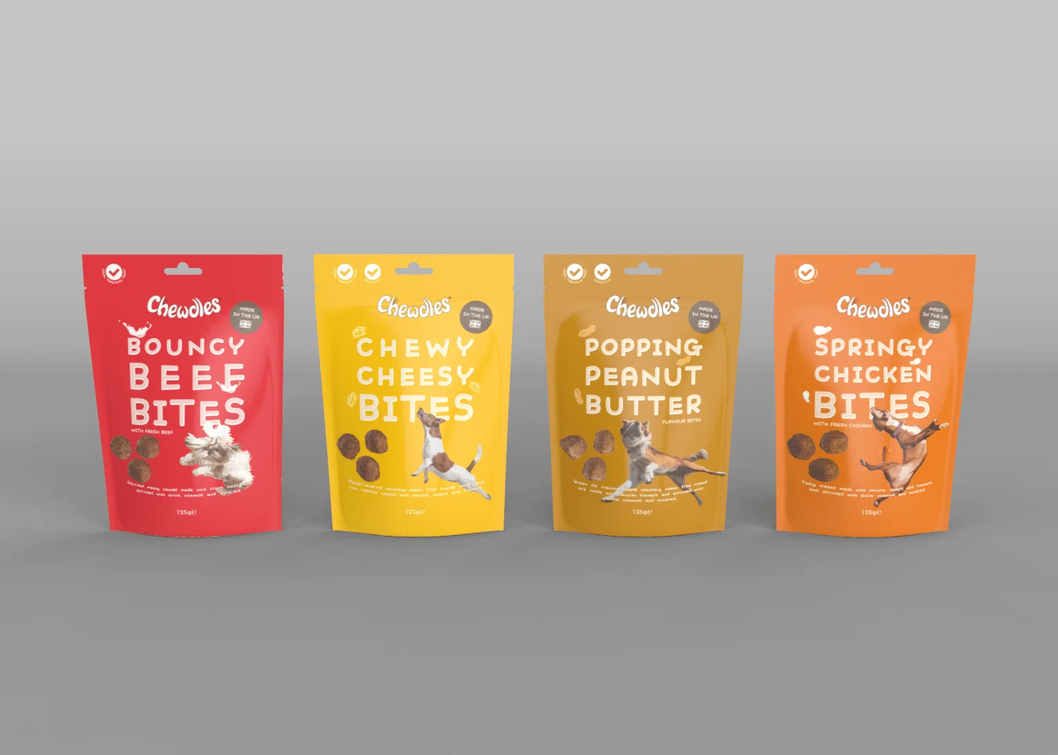 This is our hero image, showing all four products, for the Chewdles range rebrand.