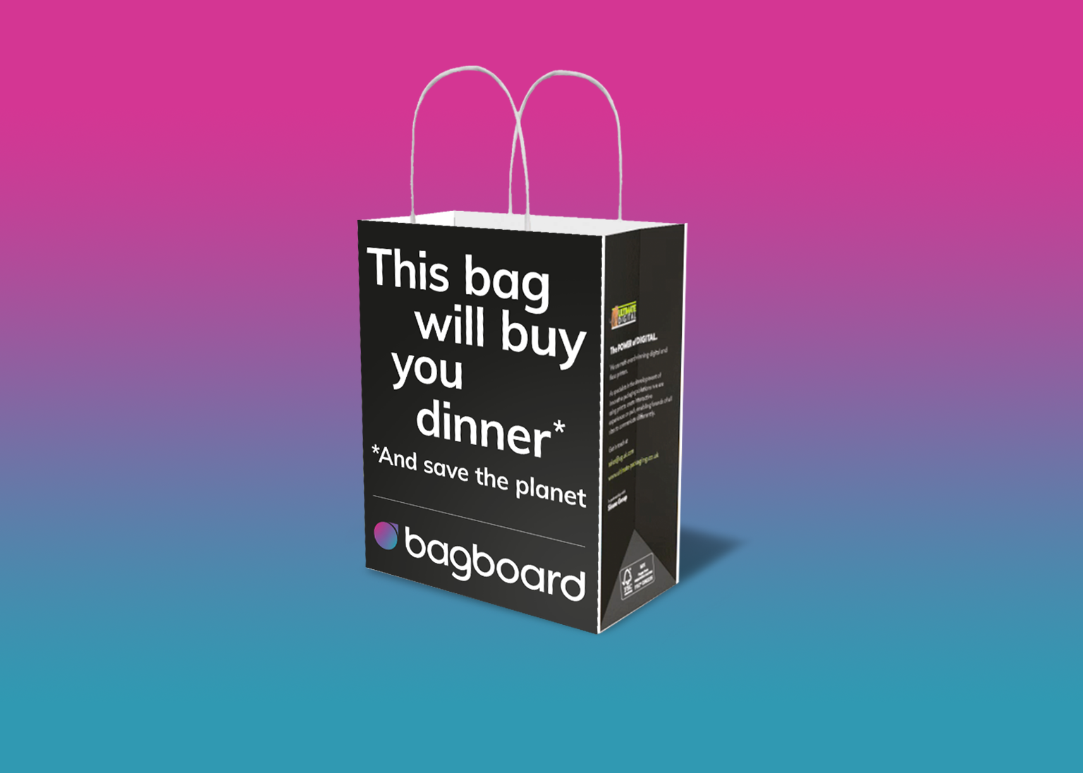3D visual of Bagboard bag featuring their own branding and slogan