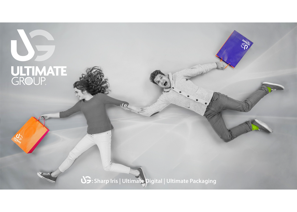 Design for the Ultimate Group presentation slides featuring quirky image of a young couple holding smart bags