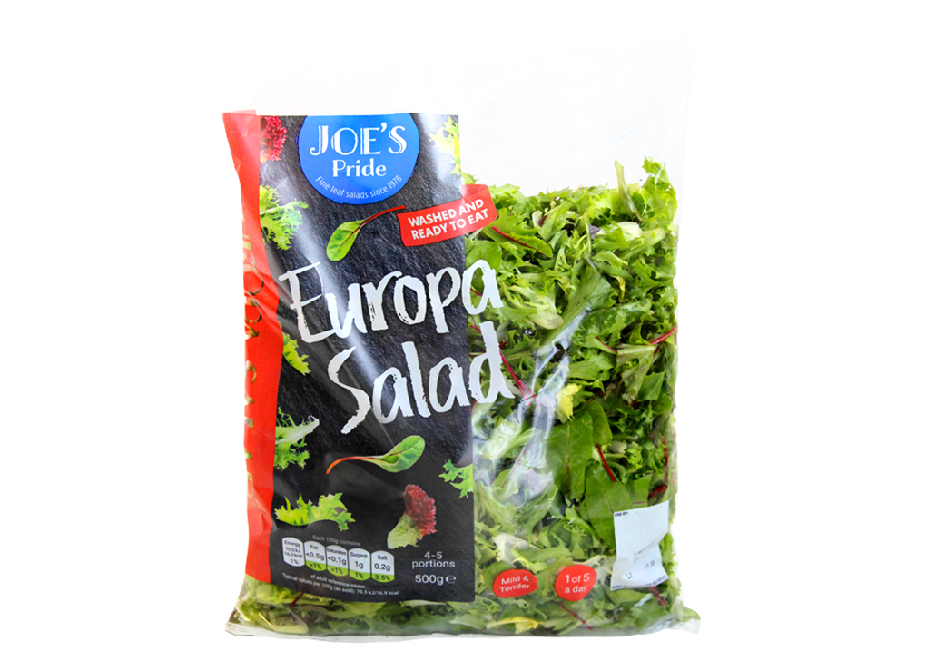 Pack shot with transparency of Joe's Pride Europa Salad catering size salad bag new brand of washed and ready to eat salads for Zenith Nurseries